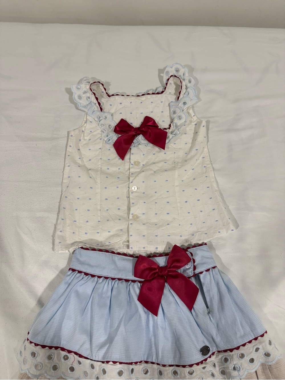 Girls Two-Piece Eyelet Top & Skirt Set with Burgundy Bows